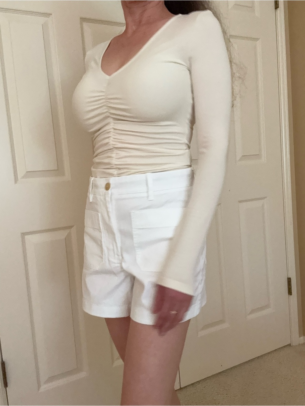 Madewell Cream Ruched V-Neck Long-Sleeve Top (shorts for sale too)